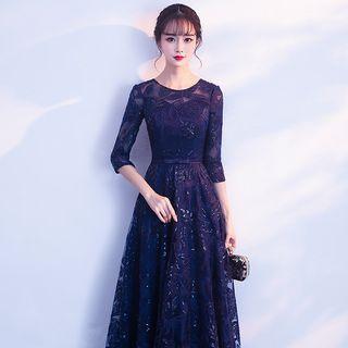 Sequined 3/4-sleeve Midi A-line Cocktail Dress