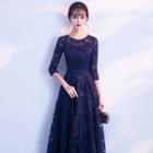 Sequined 3/4-sleeve Midi A-line Cocktail Dress