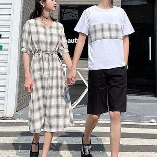 Couple Matching Short-sleeve T-shirt / Plaid Midi A-line Dress / Shorts