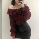 Plaid Off-shoulder Blouse Red - One Size