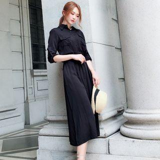 Tab-sleeve Drawstring Waist Shirtdress