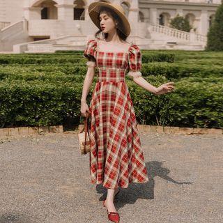 Short-sleeve Plaid Frill Trim A-line Midi Dress