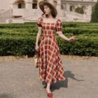 Short-sleeve Plaid Frill Trim A-line Midi Dress