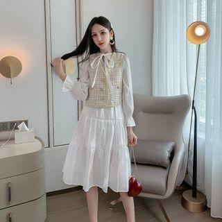 Tie-neck Tiered Midi A-line Dress / Tweed Vest / Set
