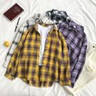 Color-block Plaid Single-breasted Long-sleeve Top