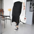 Drawstring-waist Zip-side Midi Skirt Black - One Size