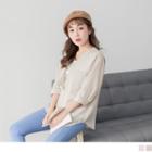 Elbow Sleeve Mock Two Piece Stand Collar Striped Blouse