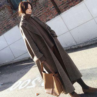 Tie-waist Long Plaid Coat