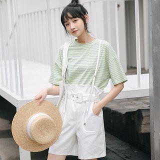 Set: Elbow-sleeve Striped T-shirt + Suspender Straight-fit Shorts