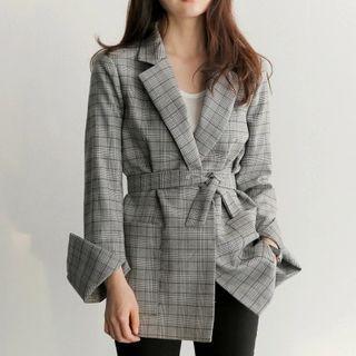 Tie-waist Plaid Open-front Blazer