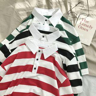 3/4-sleeve Colored Block Polo Shirt