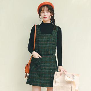 Set: Mock-neck Knit Top + Plaid Sleeveless A-line Dress