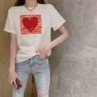 Short-sleeve Heart Embroidered T-shirt T-shirt - Red Heart - White - One Size