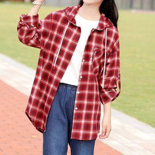 Embroidered Plaid Long Sleeve Hooded Shirt