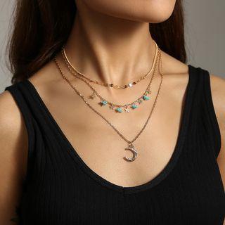 Crescent Pendant Layered Necklace 1 Pc - Nz174 - Crescent Pendant Layered Necklace - Gold - One Size