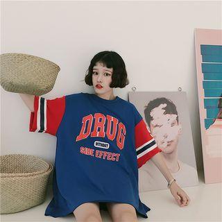 3/4-sleeve Color Block Letter Mini T-shirt Dress