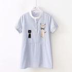Cat Embroidered Short-sleeve Striped Shirt Blue - One Size