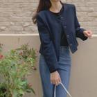 Buttoned Woolen Tweed Jacket Navy Blue - One Size