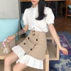 Plain Puff-sleeve Blouse / Double-breasted A-line Skirt