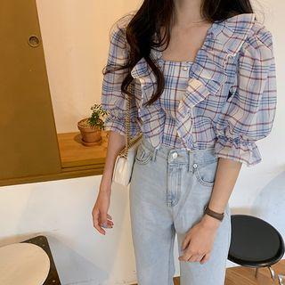 Gingham Puff-sleeve Square Neck Blouse As Shown In Figure - One Size