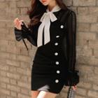 Bow Accent Button Detail Long-sleeve Shirt Dress