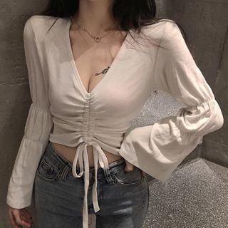 Bell-sleeve Drawstring V-neck Top