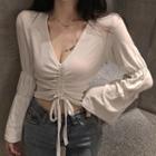 Bell-sleeve Drawstring V-neck Top