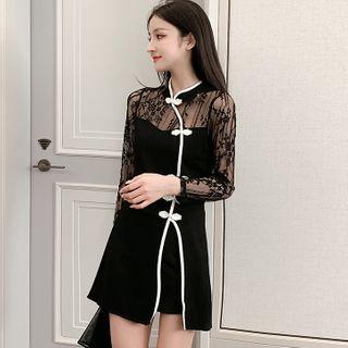 Set: Long-sleeve Lace Panel A-line Mini Qipao Dress + Shorts