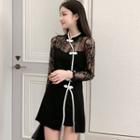Set: Long-sleeve Lace Panel A-line Mini Qipao Dress + Shorts