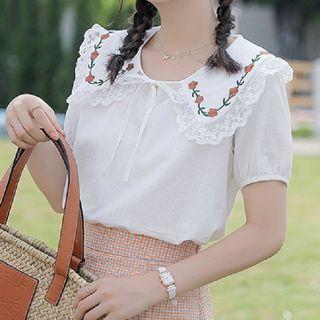 Short-sleeve Flower Embroidered Lace Trim Blouse