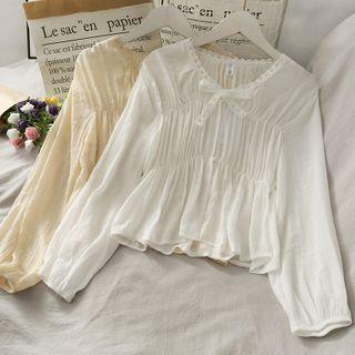 Ribbon Lace-trim Ruched Blouse