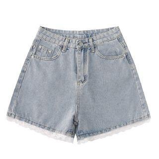 High Waist Lace-trim A-line Denim Shorts