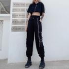 Set: Short-sleeve Zipped Cropped T-shirt + Pocket Detail Cropped Harem Pants + Waist Chain