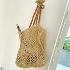 Wooden Bead Net Tote Bag With Pouch Beige - One Size