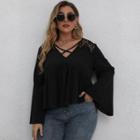 Flared-sleeve Cross Strap Lace Trim Blouse