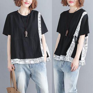 Elbow-sleeve Printed Panel Top