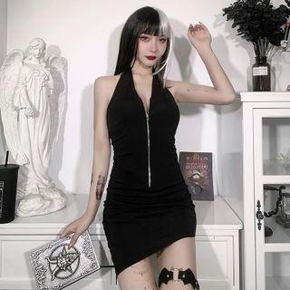 Halter-neck Half-zip Mini Bodycon Dress