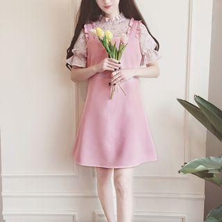 Set: Printed Short-sleeve Blouse + A-line Pinafore Dress