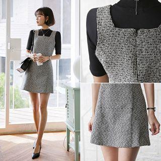 Square-neck Sleeveless Tweed Minidress