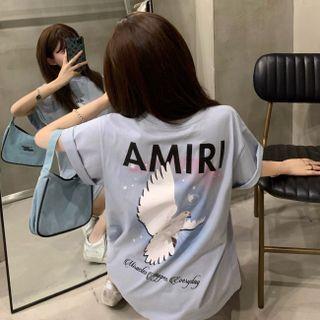 Elbow-sleeve Printed T-shirt Airy Blue - One Size
