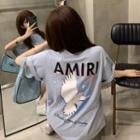 Elbow-sleeve Printed T-shirt Airy Blue - One Size