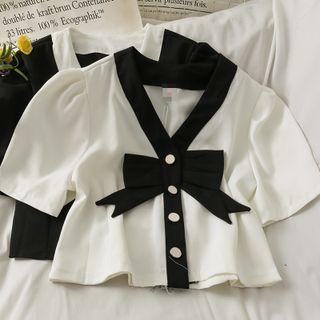 Puff-sleeve Colorblock V-neck Crop Shirt
