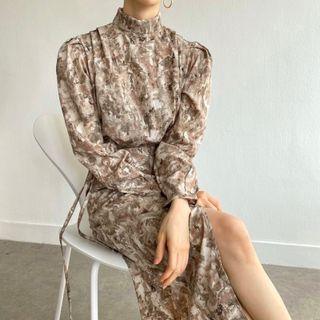 Long-sleeve Mock-neck Print Slim-fit Dress