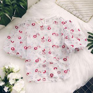 Short-sleeve Embroidered Mesh Top