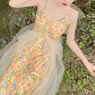 Sleeveless Flower Print Mesh Panel Maxi A-line Dress