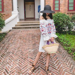 Flower Embroidered Off-shoulder Shift Dress