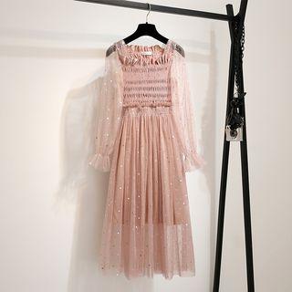 Long-sleeve Smocked A-line Mesh Dress