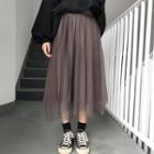Mesh Overlay Midi A-line Velvet Skirt
