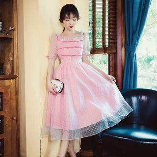 Short-sleeve A-line Mesh Cocktail Dress