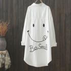 Long-sleeve Smiley Face Long Shirt White - One Size